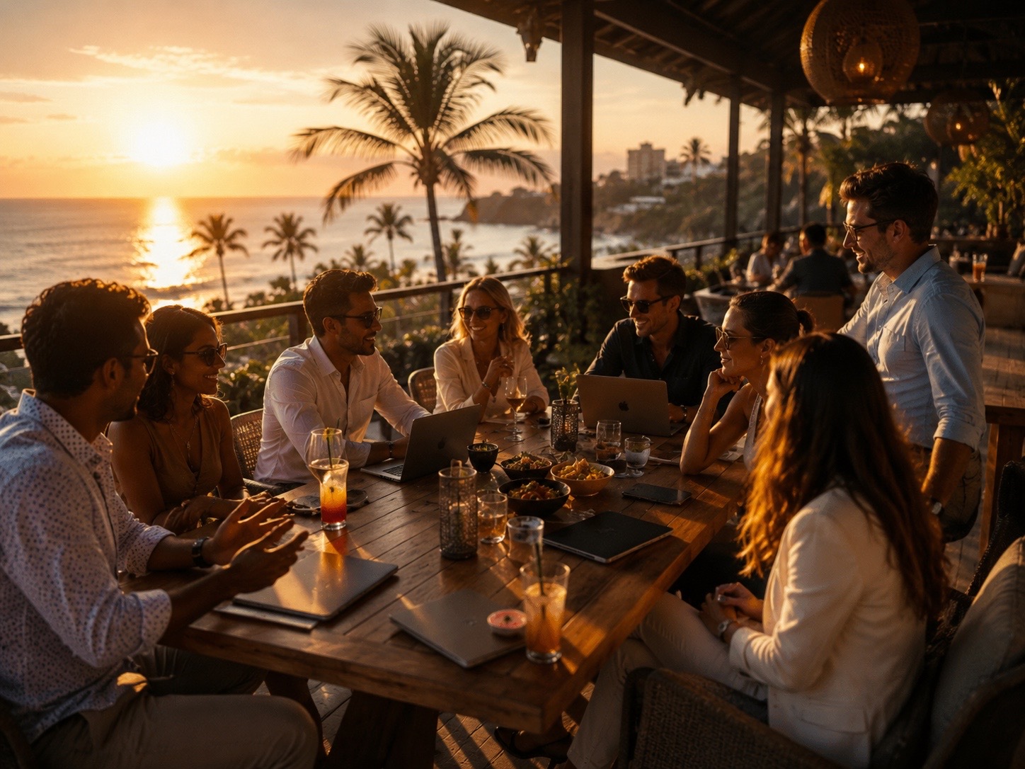 Professionals working together at a beachside table during a Bleisr retreat