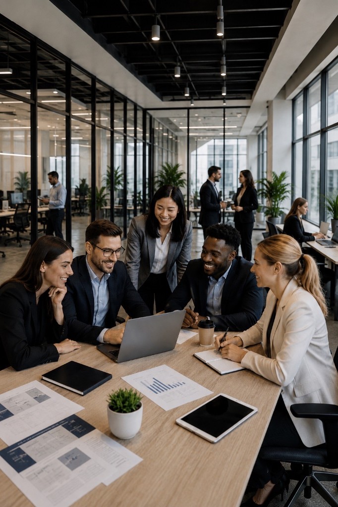 Professionals collaborating at a corporate Bleisr experience